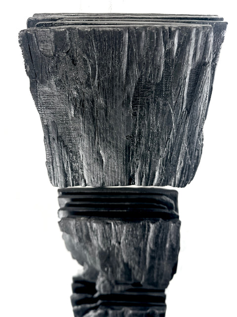 large black charred wood wall sculpture above sofa minimalist living room