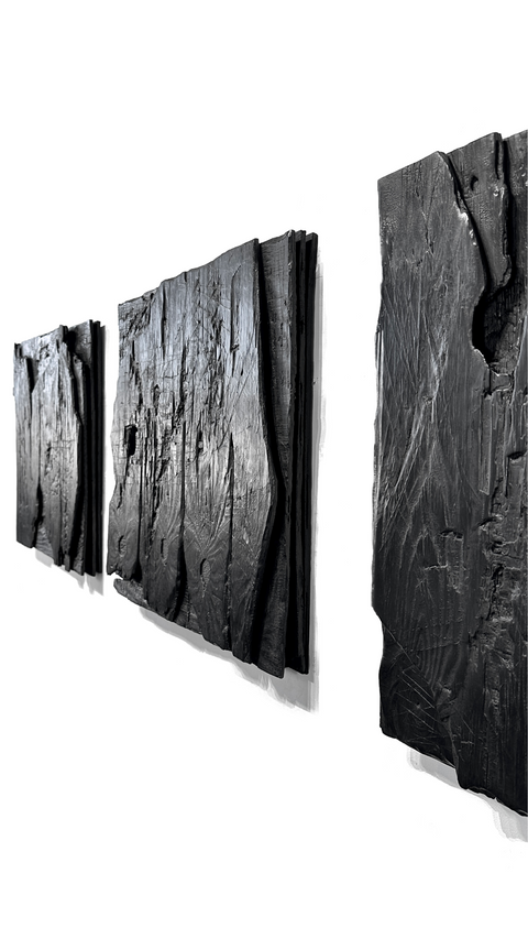 textured charcoal wall sculpture wabi sabi style