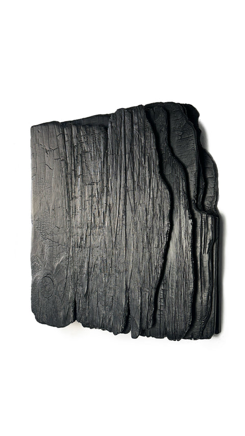 large black charred wood wall sculpture minimalist living room