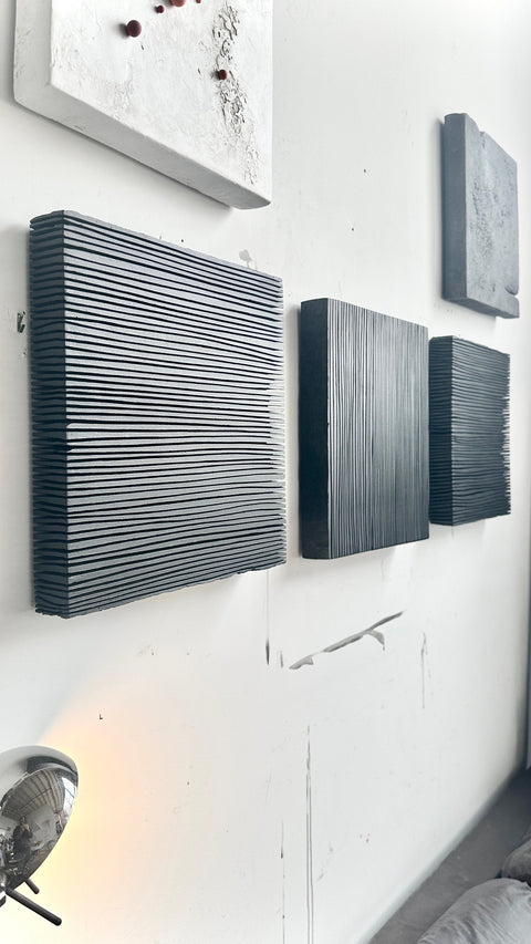 Ensemble de 3 pièces, art mural en plâtre noir de style bohème fait à la main « SHADOW SET » 10, 16, 24 pouces