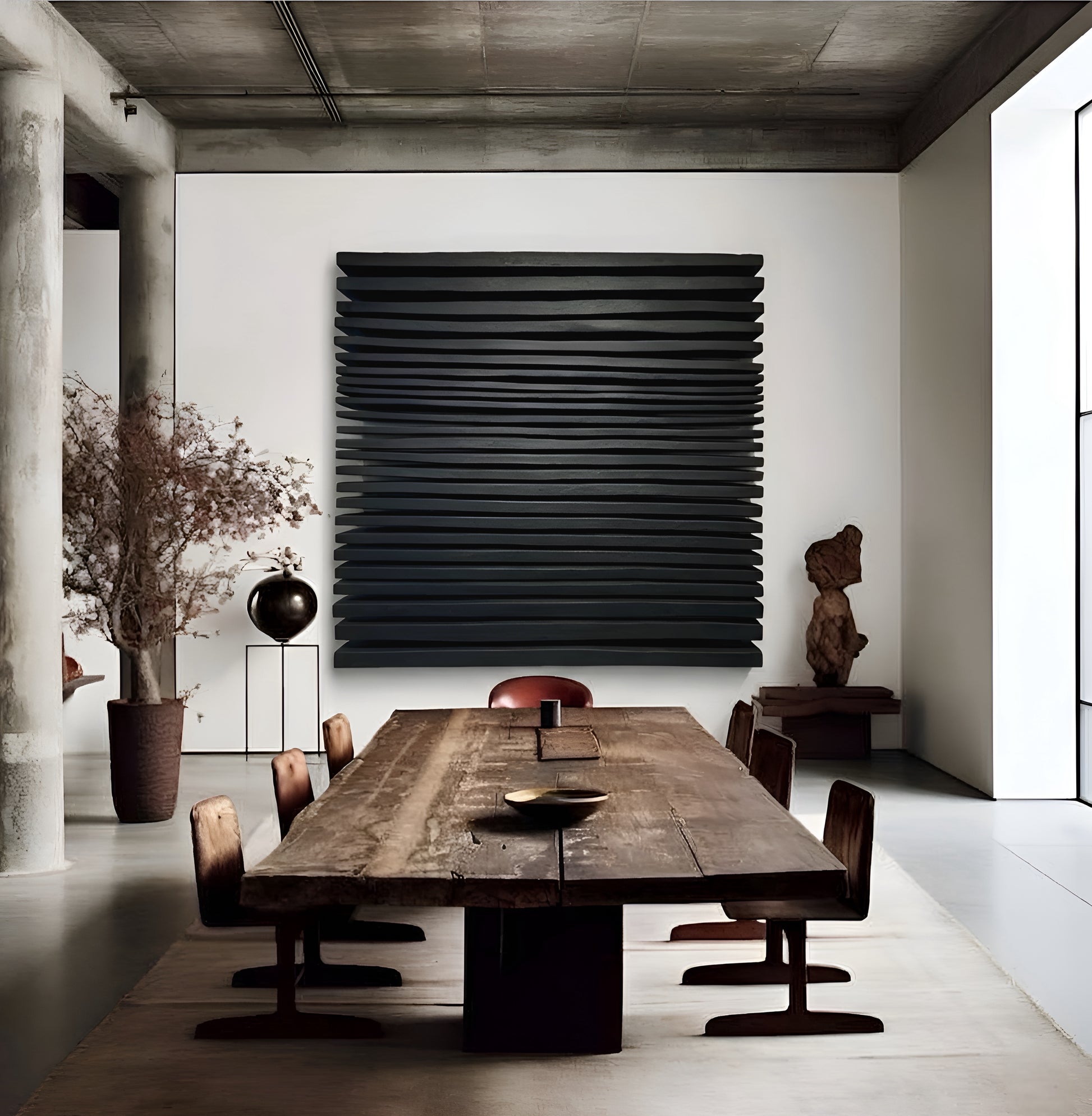 Modern dining room with a large wooden table and chairs, featuring a decorative black wall art piece.
