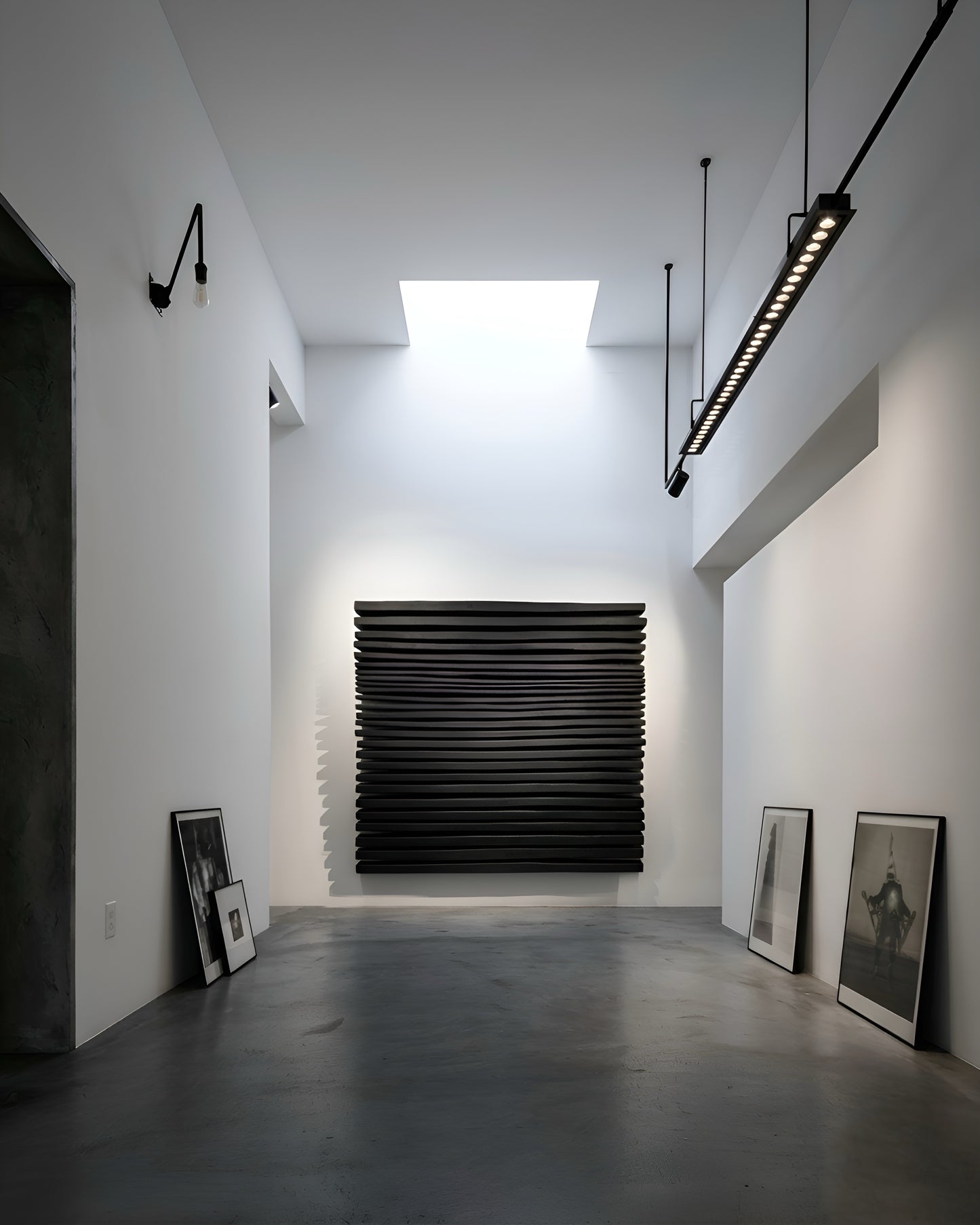 Modern interior with a black radiator against a white wall, framed pictures on the floor, and ceiling lights.