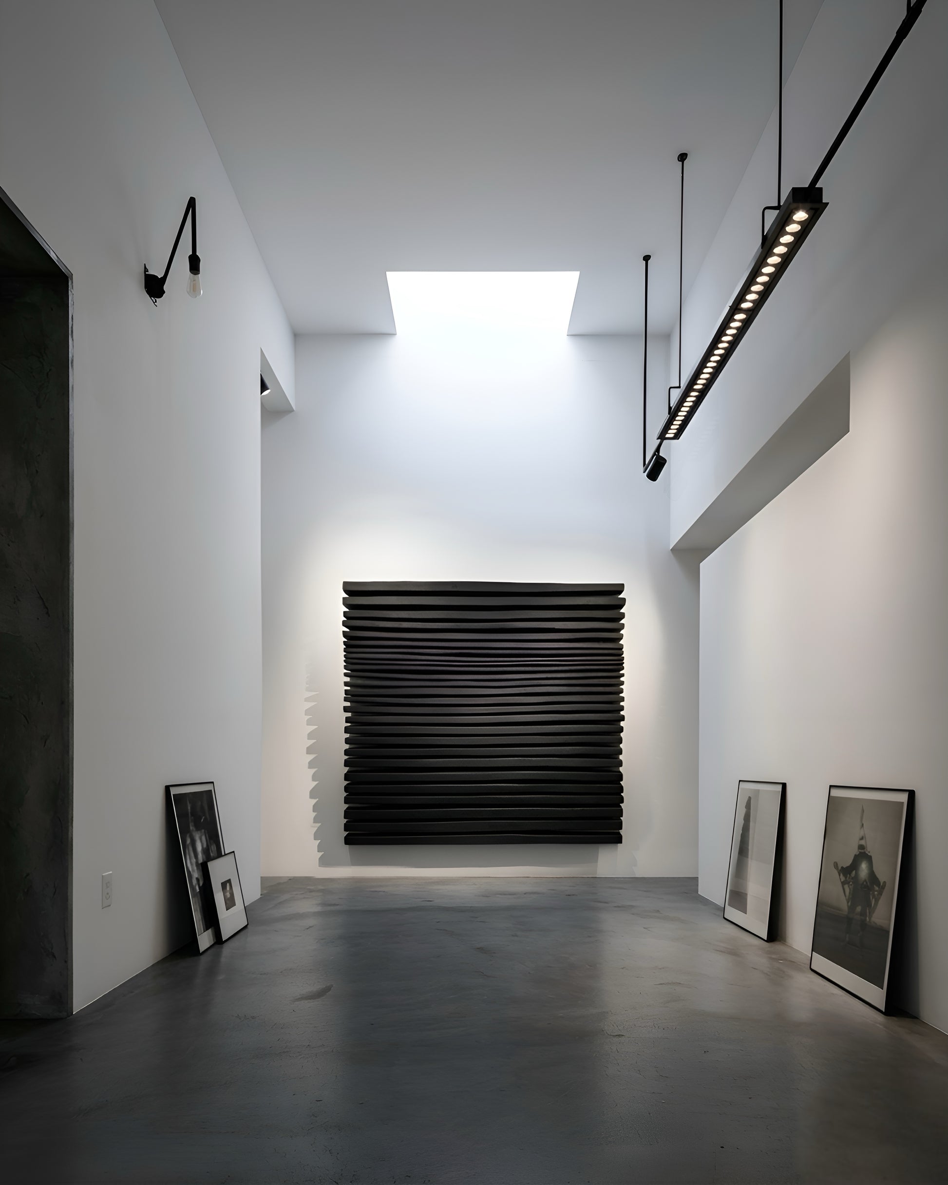 Modern interior with a black radiator against a white wall, framed pictures on the floor, and ceiling lights.