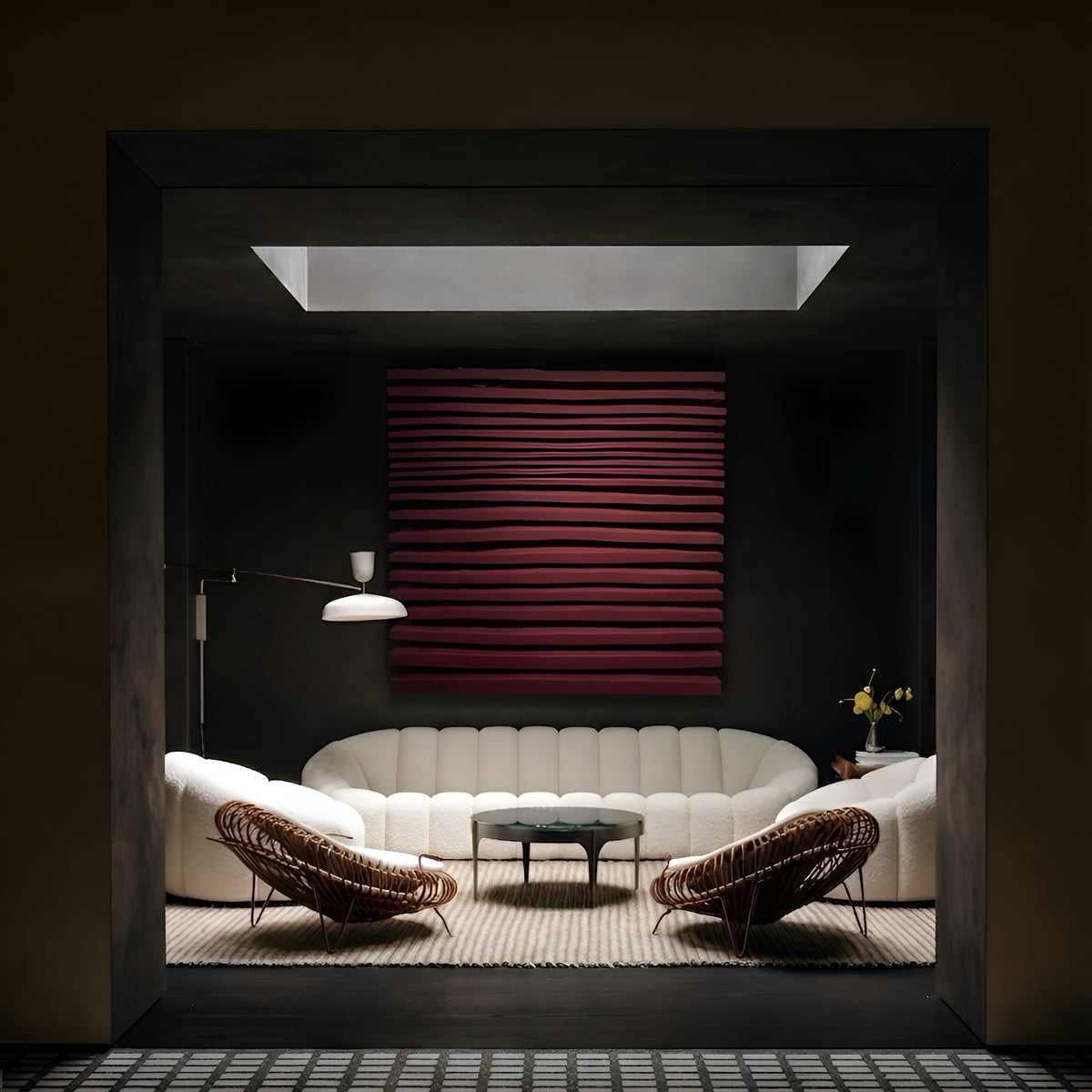 SHADOW — Crimson Statement, frontal view, rhythm of ridges in red plaster relief, SIZMARI