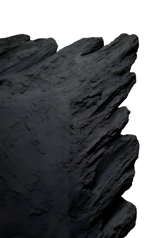 AND THEN — Black, close-up surface texture, hand-sculpted black plaster bas-relief