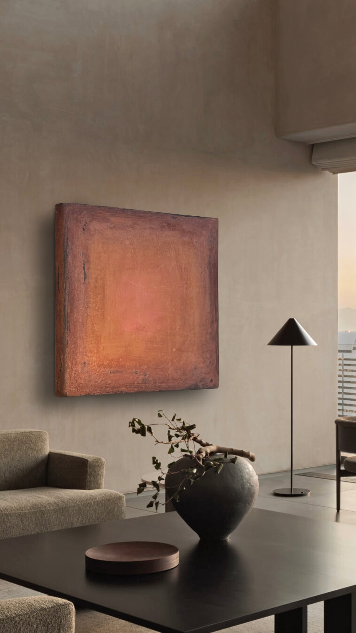 INSIDE OUT — Rusty Terracotta, full frontal view, warm terracotta plaster wall sculpture, SIZMARI