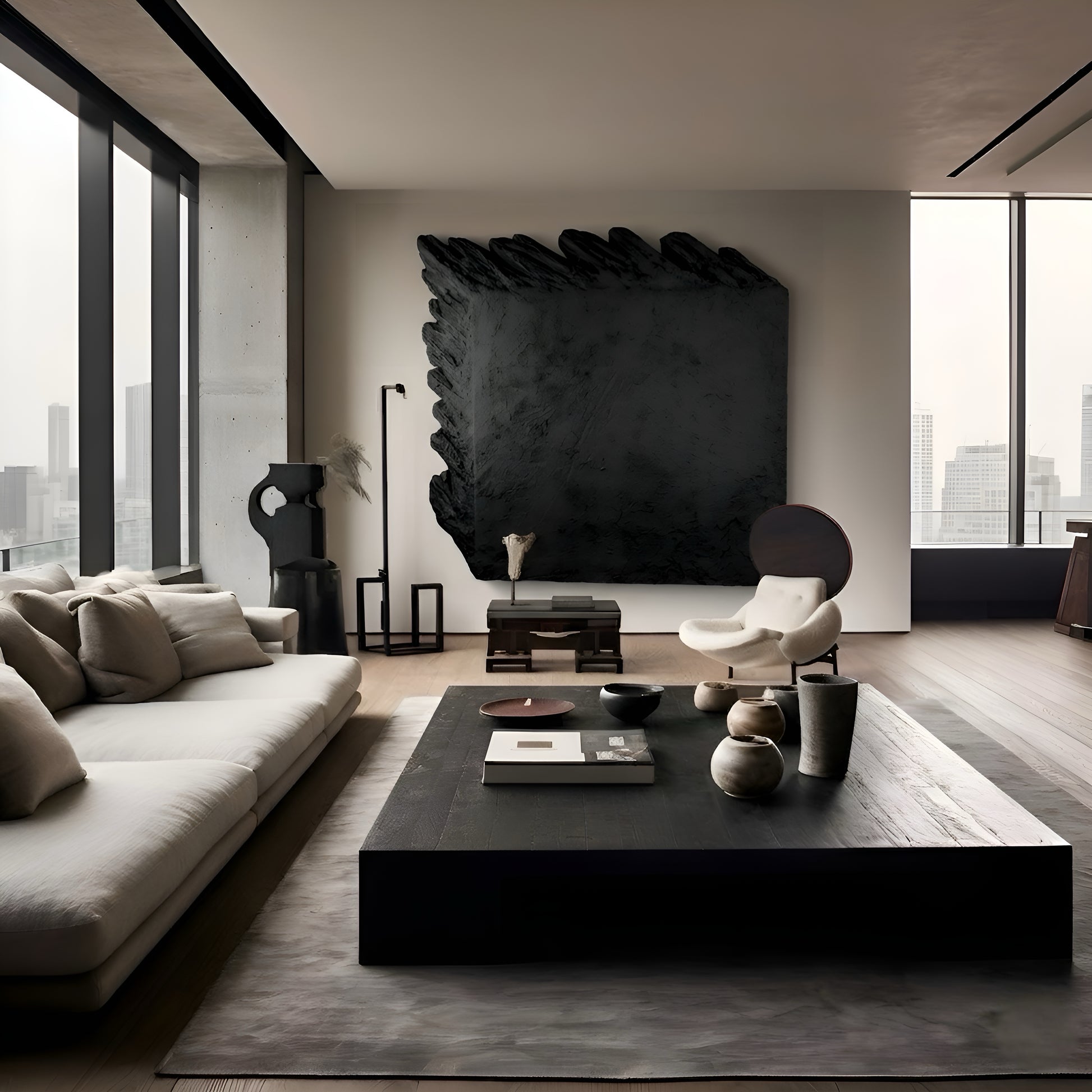 Modern living room with a large black abstract painting on the wall.