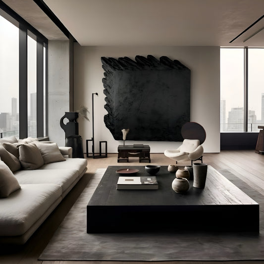 Modern living room with a large black abstract painting on the wall.