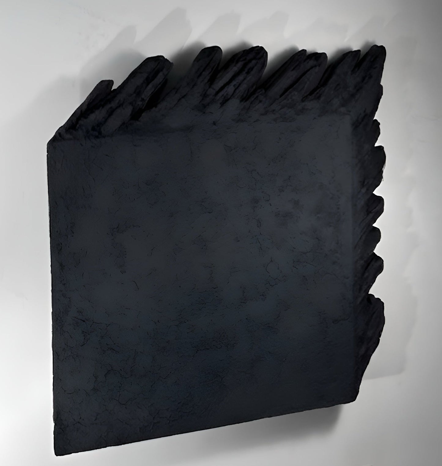 Black abstract sculpture on a white wall