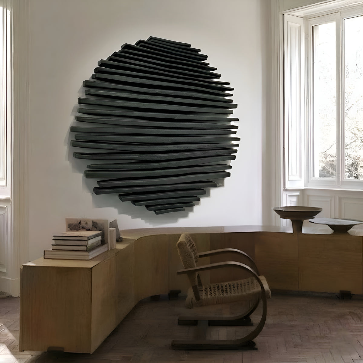 Black sculptural wall relief above wooden furniture near a window