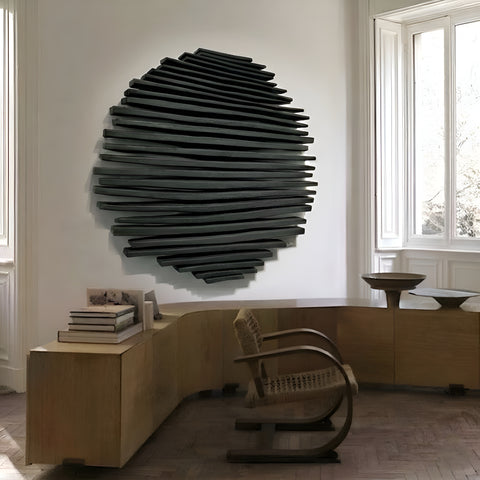 Arte de pared de yeso bohemio hecho a mano en relieve de gran tamaño "SHADOW Midnight" en negro