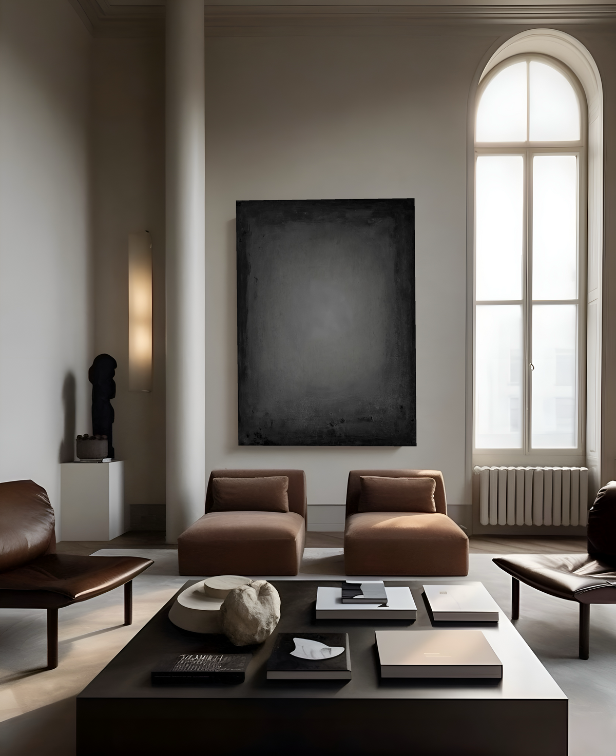 INSIDE OUT — Charcoal Gray, full view, large format dark sculpture, architectural presence