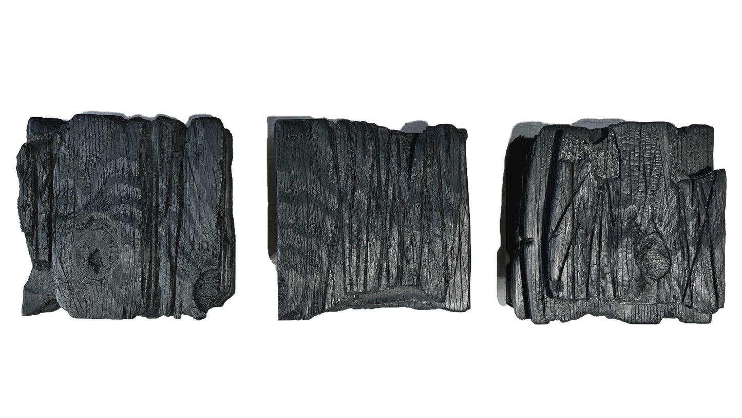 large black charred wood wall sculpture set minimalist living room