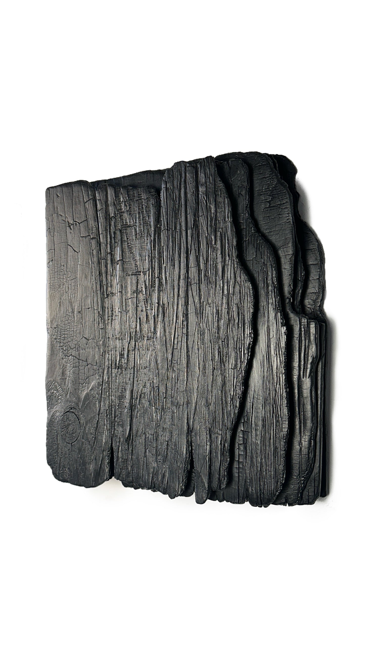 large black charred wood wall sculpture minimalist living room