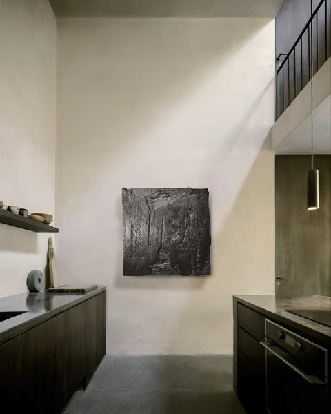 Minimalist Charred Wood Handmade Wall Sculpture "MORI" Charcoal Black