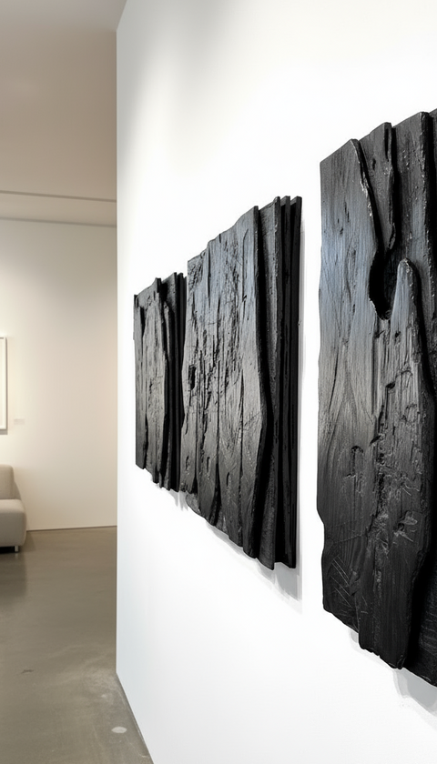 Minimalist Charred Wood Handmade Wall Sculpture "MORI" Charcoal Black
