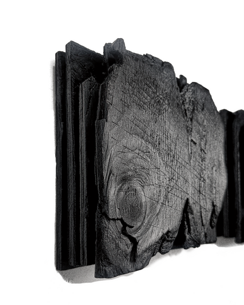 Minimalist Charred Wood Handmade Wall Sculpture "MORI" Charcoal Black