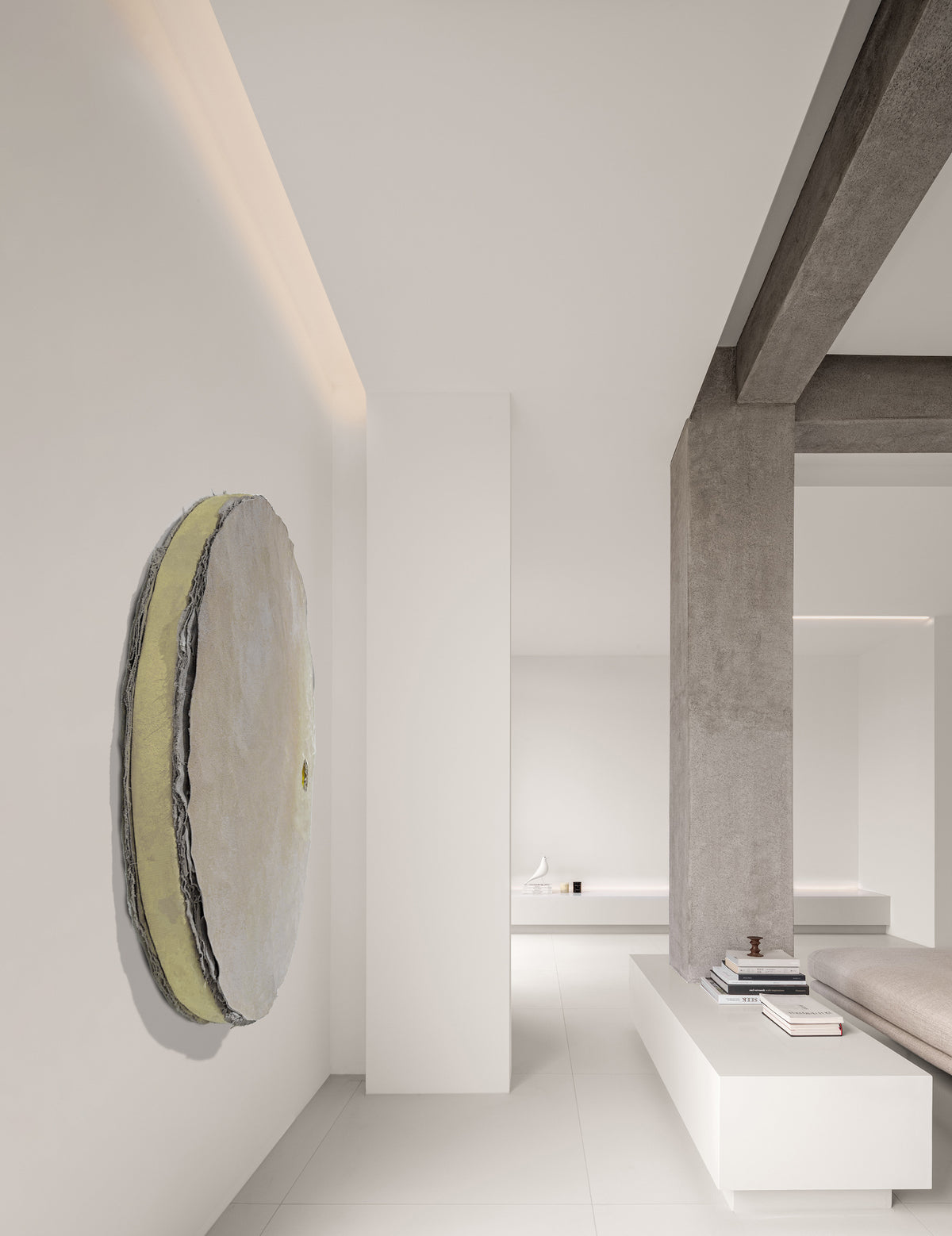 HELIOS — profile view in a white gallery corridor, yellow rim visible