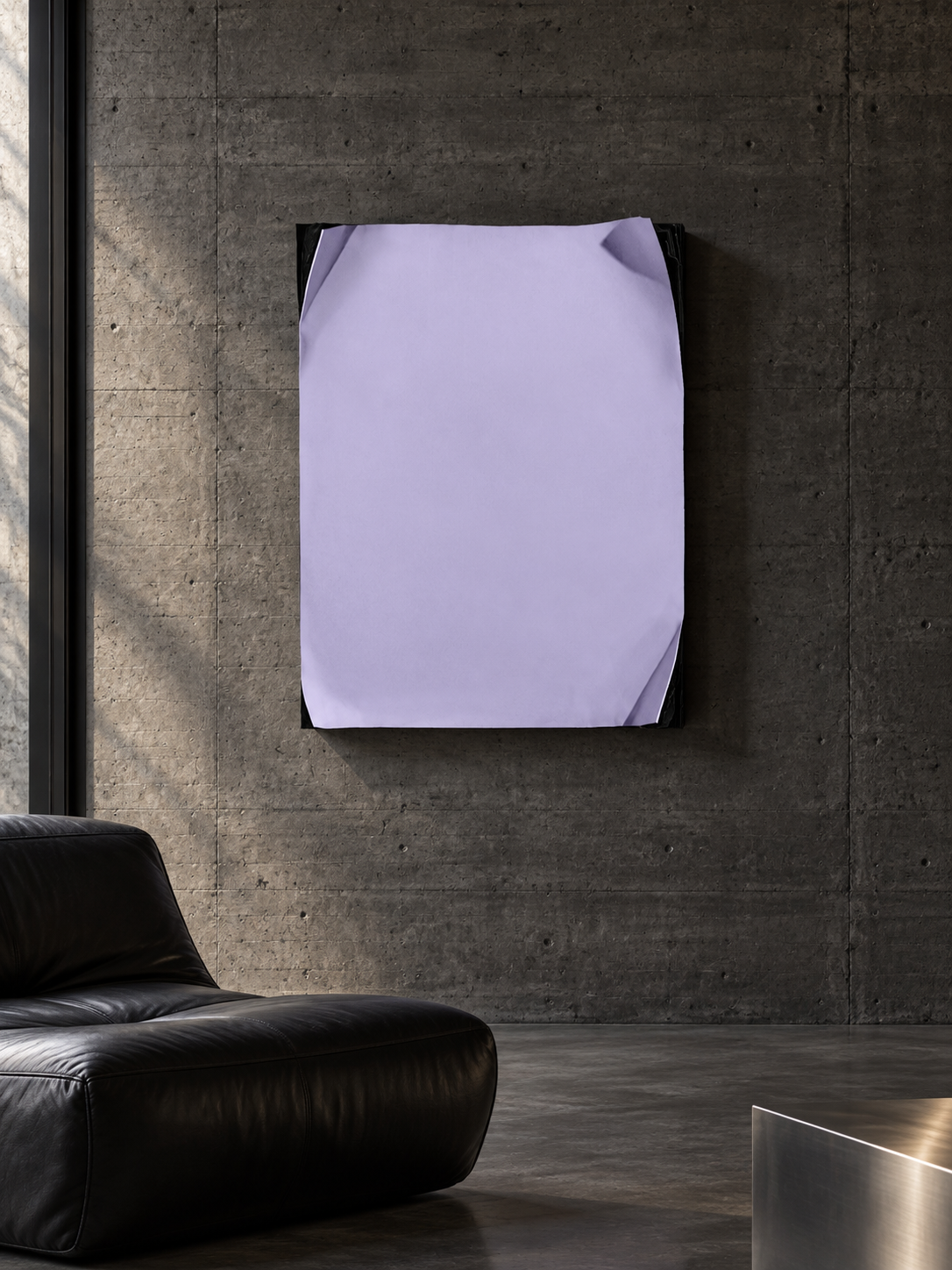INNER WORLD — Purple, lavender wall sculpture above a sofa in a sunlit living room
