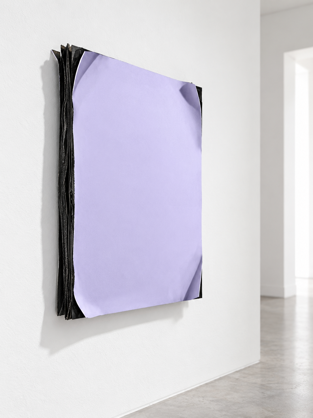 INNER WORLD — Lavender, frontal view, soft pLavender panel with curled edges over black base