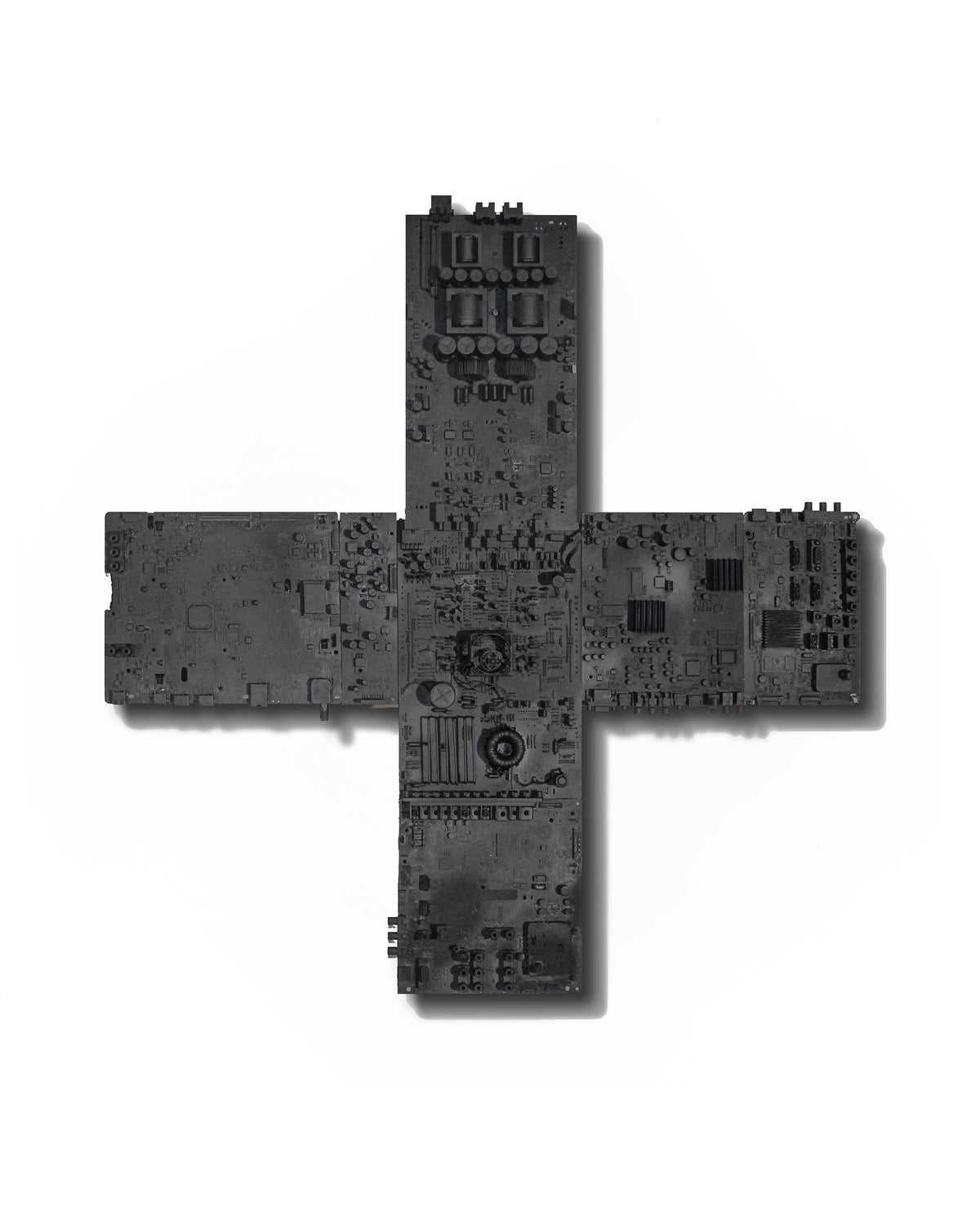 IF GOD IS IN ALL THINGS — frontal view, black Greek cross with dense technological surface