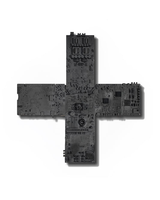 IF GOD IS IN ALL THINGS — frontal view, black Greek cross with dense technological surface