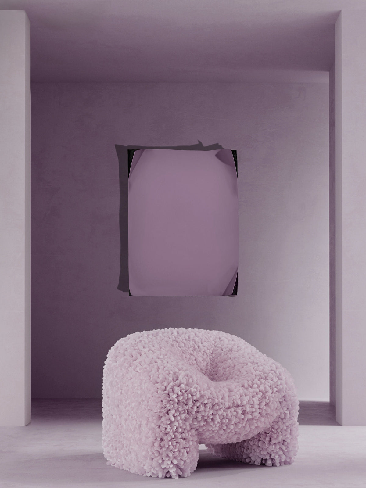 INNER WORLD — Purple, lilac plaster relief in a monochrome lilac room with textured chair