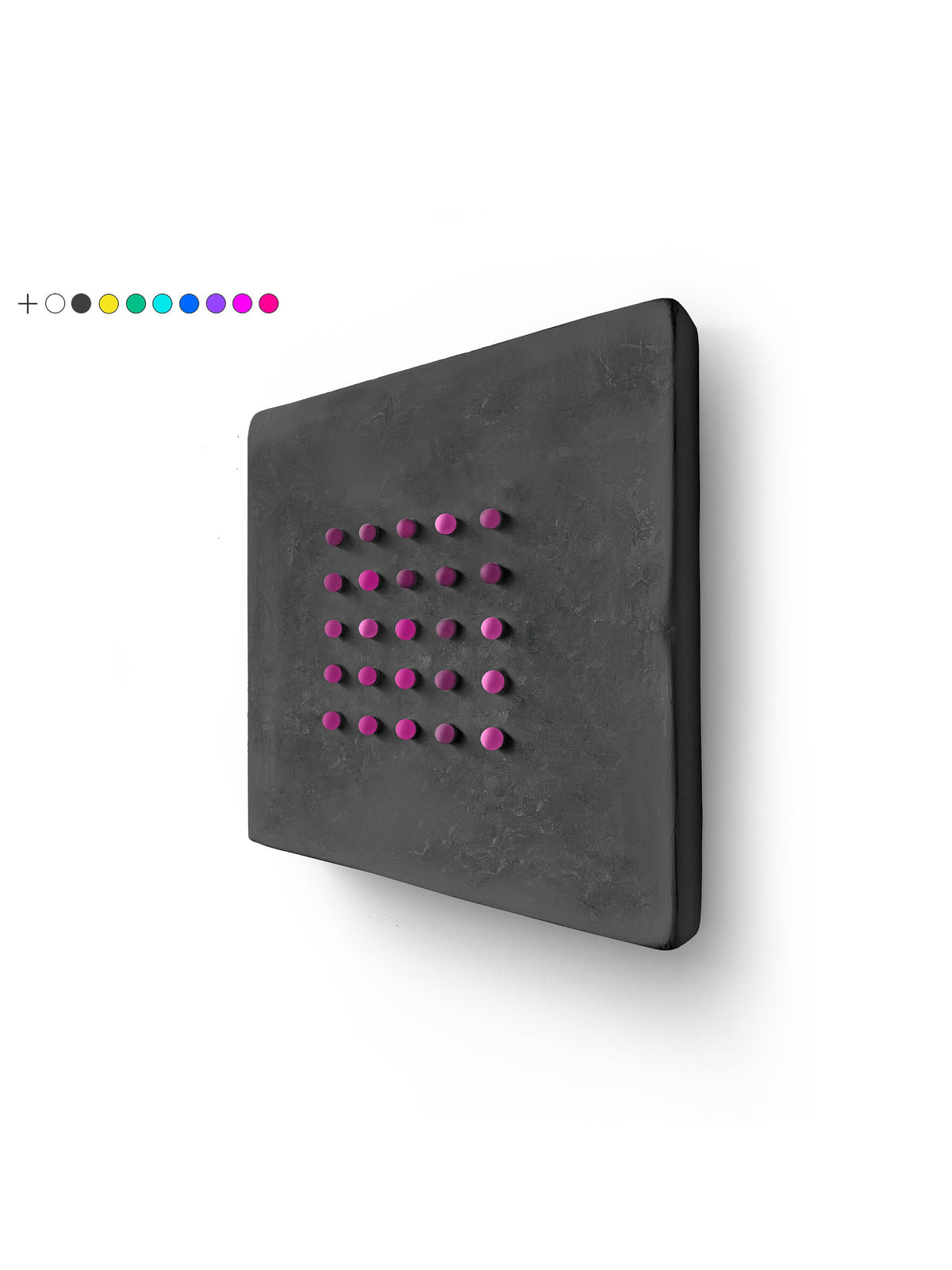 FUNNY DOTS — on Black, angled view, magenta dot grid on charcoal plaster square, color options