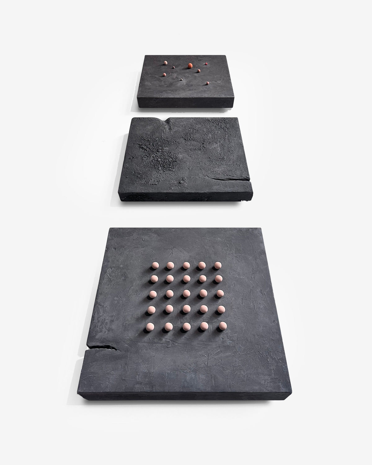 SHUN — Black base, set of three panels with terracotta dots and textured center