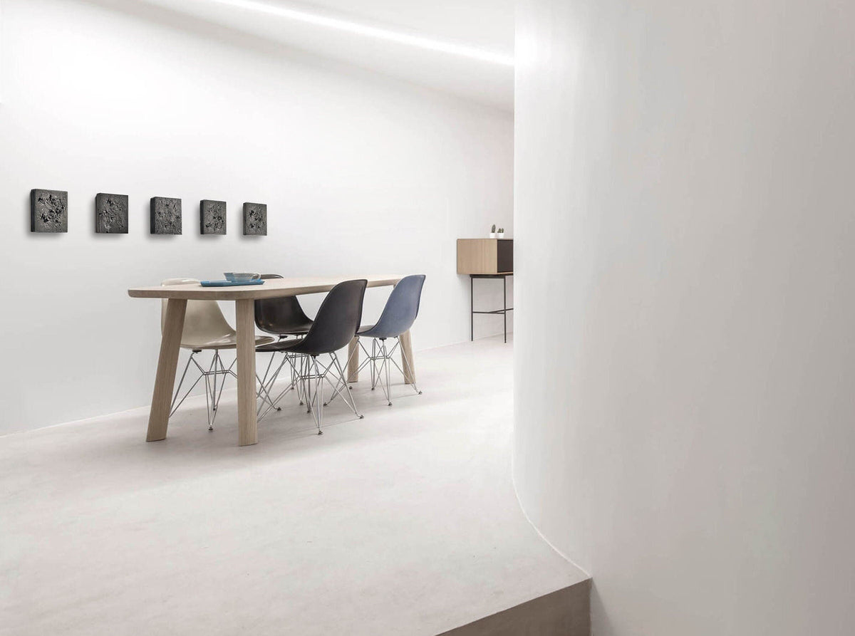 STRATUM — Charcoal Black, row of five panels in a white dining space