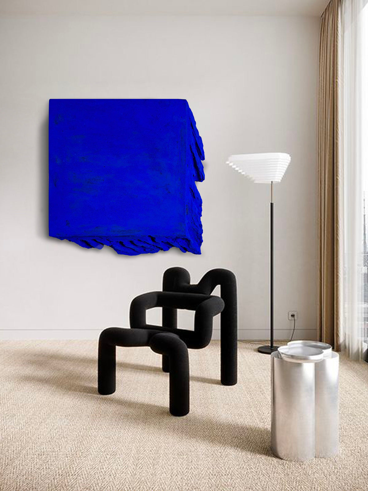 AND THEN — Ultramarine Blue, 12 x 12 inch, small format blue sculptural panel, studio view
