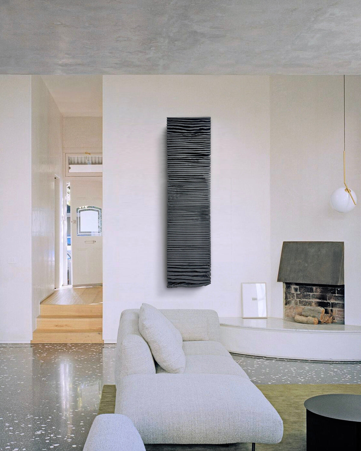 SHADOW — Noir Midnight, vertical format plaster relief, full height installation view, SIZMARI