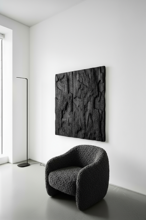 Minimalist Charred Wood Handmade Wall Sculpture "MORI" Charcoal Black